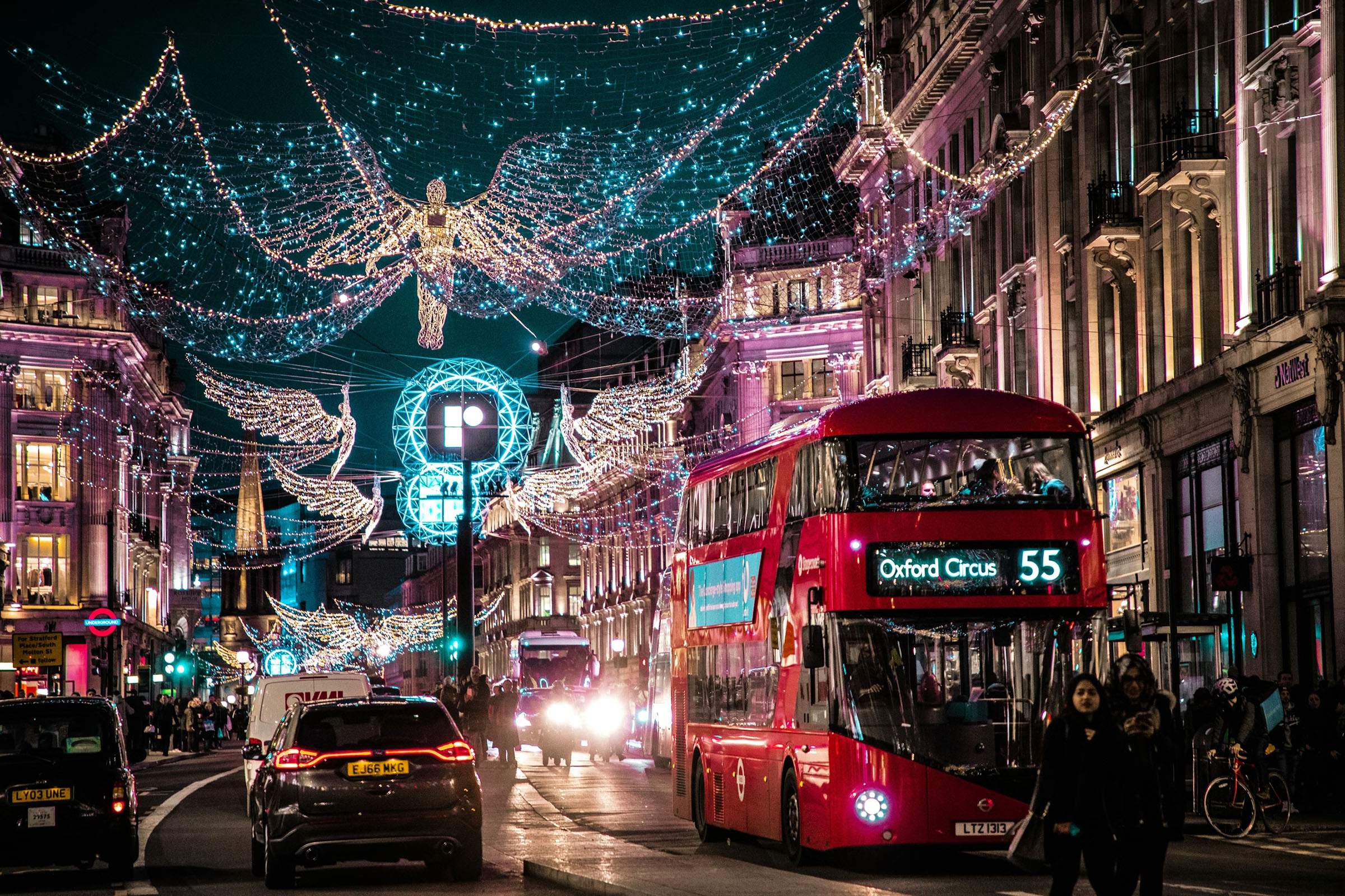 London street scene with festive lights
